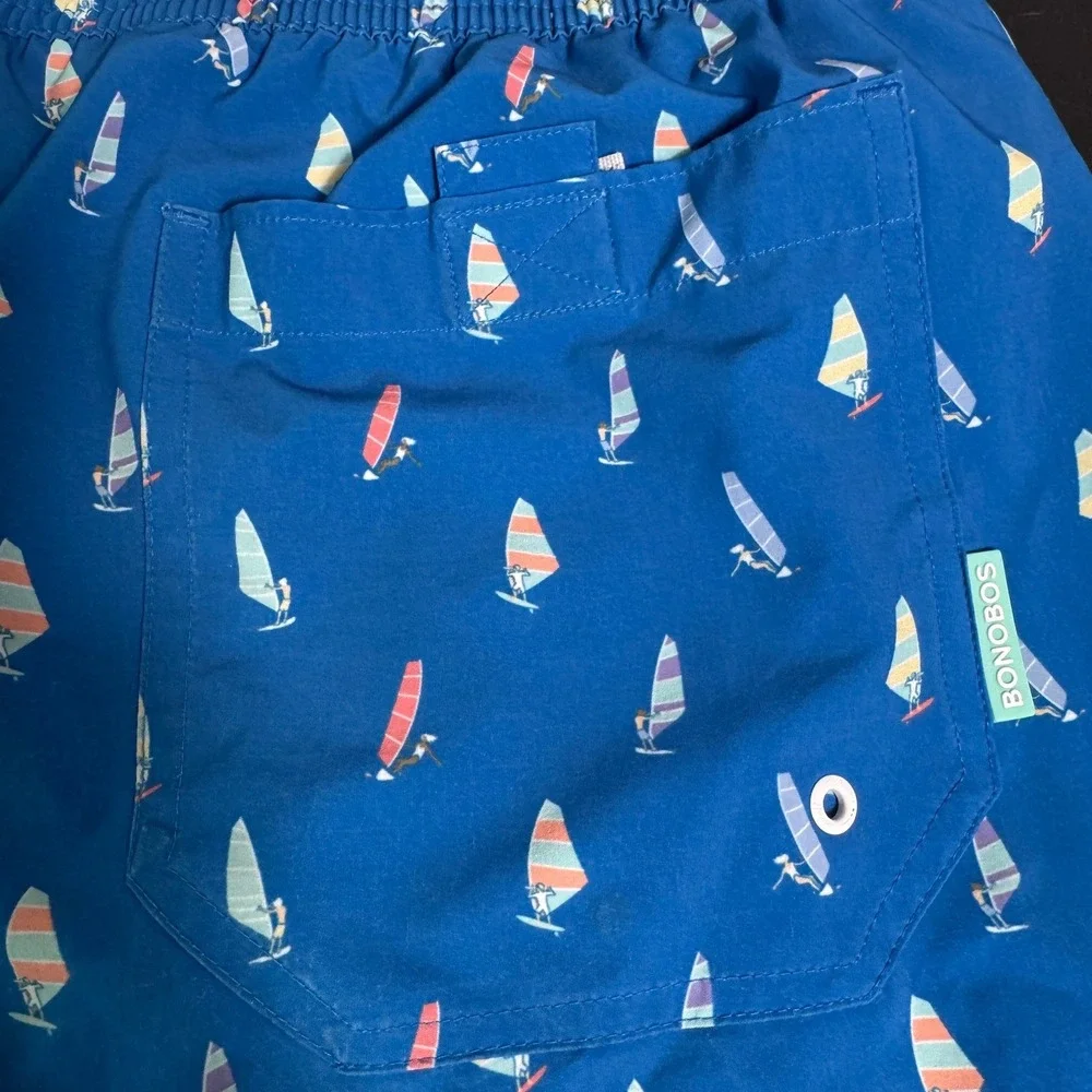 BONOBOS Mens Swim Trunks Blue Windsurf Print Elastic‎ Waist Drawstring Size L